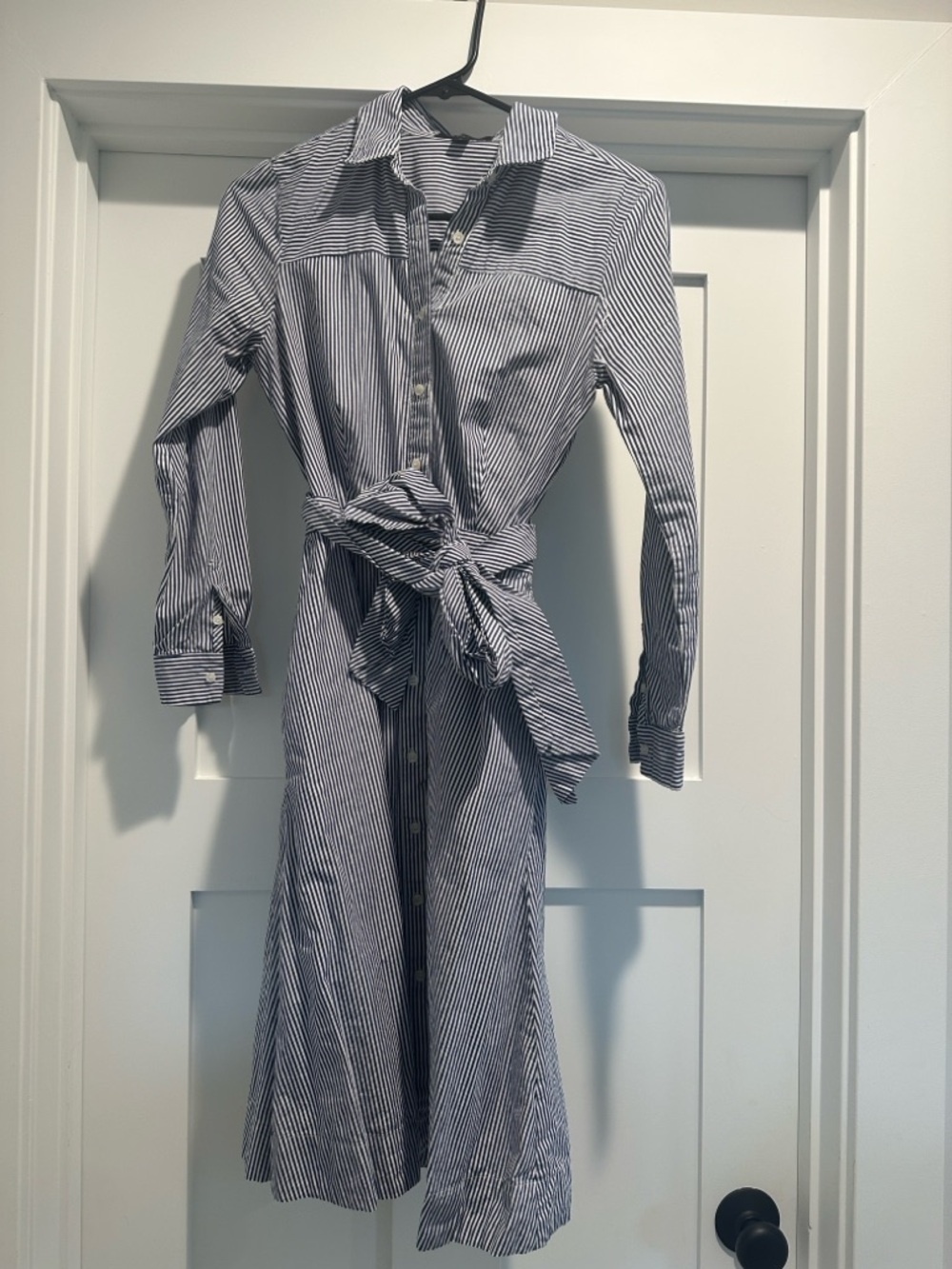 J. Crew Navy and White Striped fitted Shirt Dress with Tie Waist